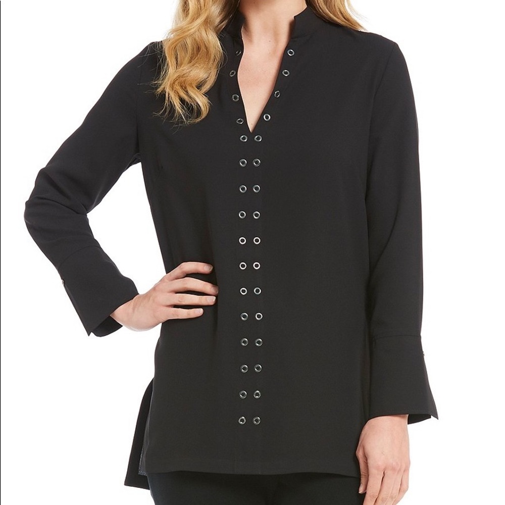 Ming Wang Black Mandarin Collar Grommet Embellished Long Sleeve Blouse Top